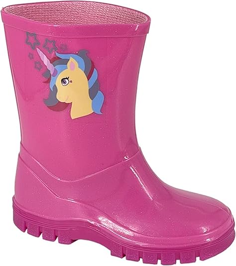 Stormwells Girls Kids Waterproof Wellies Pink Glitter Cute Unicorn Motif
