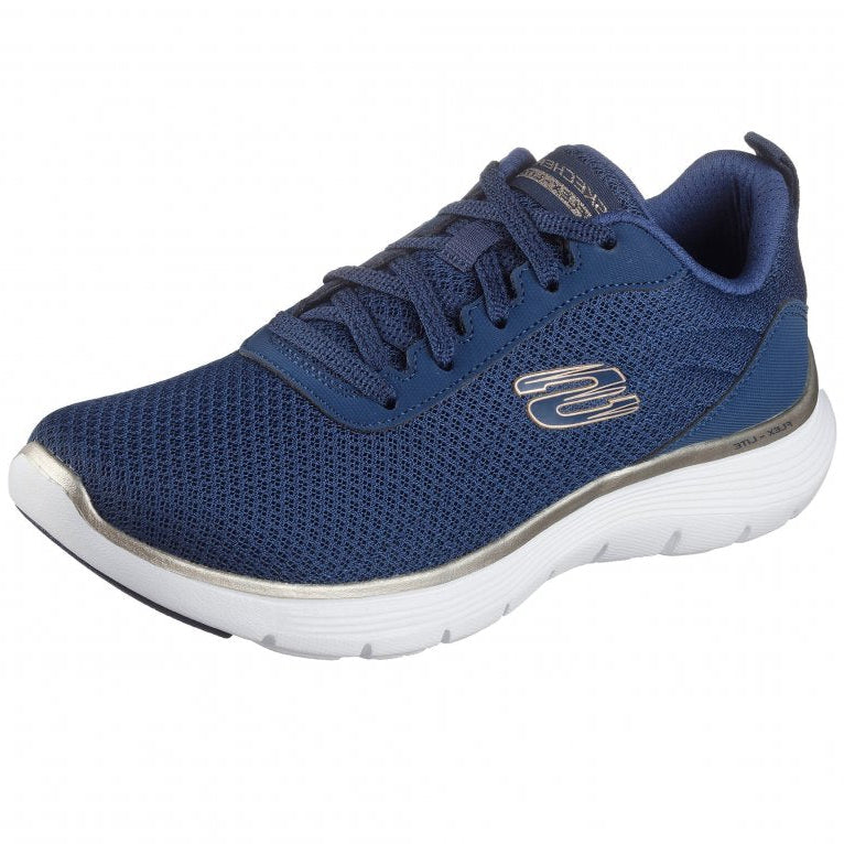 Skechers Flex Appeal 5.0 UPTAKE Womens Mesh VEGAN Trainers Navy/Gold