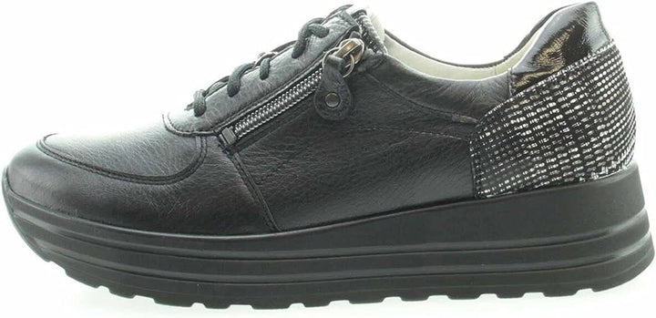 Waldlaufer H-Lana Ladies Wide Fit Black Deerskin Leather Lace/Zip Up Trainer