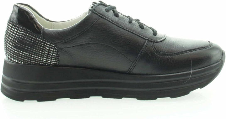 Waldlaufer H-Lana Ladies Wide Fit Black Deerskin Leather Lace/Zip Up Trainer