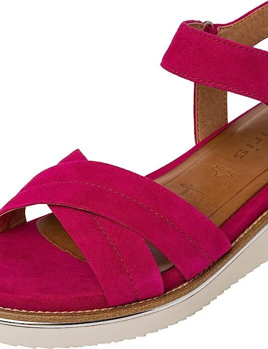 Tamaris 28225 Ladies Fuchsia Leather Crossover Strap Cushioned Wedge Heel Sandal