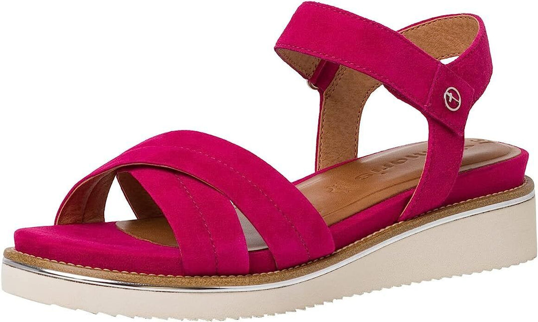 Tamaris 28225 Ladies Fuchsia Leather Crossover Strap Cushioned Wedge Heel Sandal