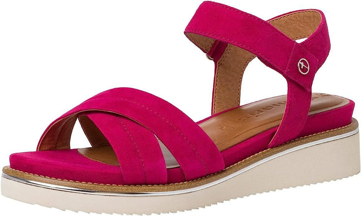 Tamaris 28225 Ladies Fuchsia Leather Crossover Strap Cushioned Wedge Heel Sandal