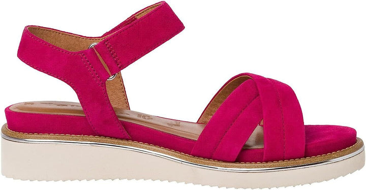 Tamaris 28225 Ladies Fuchsia Leather Crossover Strap Cushioned Wedge Heel Sandal