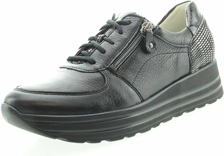 Waldlaufer H-Lana Ladies Wide Fit Black Deerskin Leather Lace/Zip Up Trainer