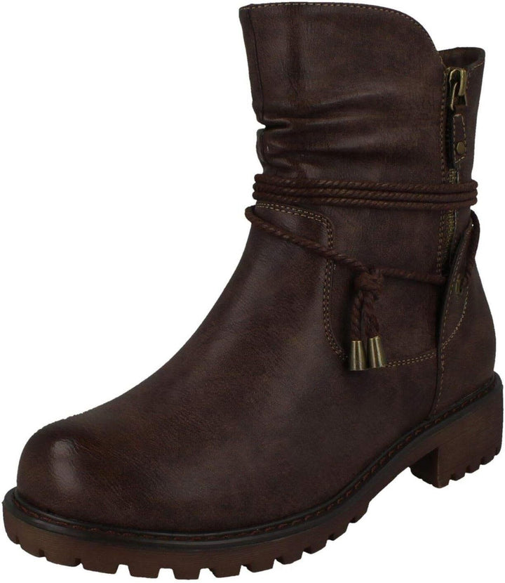 Spot On F50994 Ladies Brown Synthetic Rope Accessory Warm Lined Ankle Boots With Zip