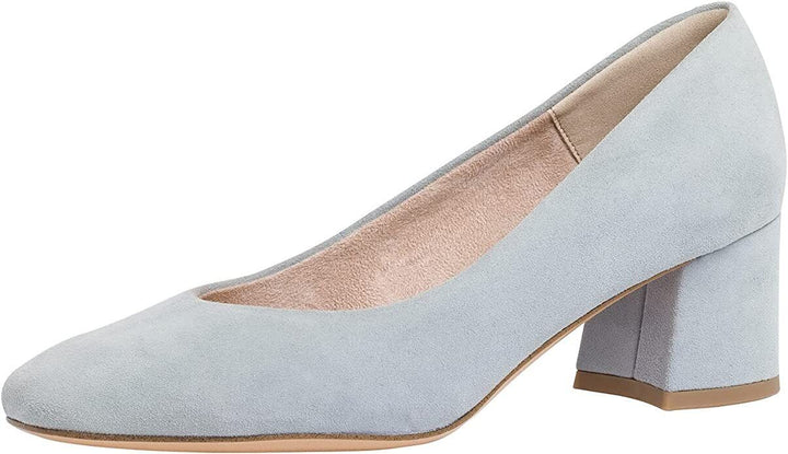 Tamaris 22424 Ladies Sky Blue Suede Leather Soft Footbed Block Heel Court Shoes