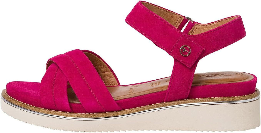 Tamaris 28225 Ladies Fuchsia Leather Crossover Strap Cushioned Wedge Heel Sandal