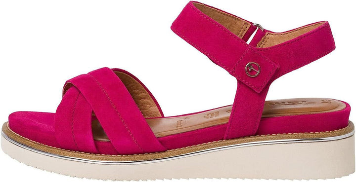 Tamaris 28225 Ladies Fuchsia Leather Crossover Strap Cushioned Wedge Heel Sandal