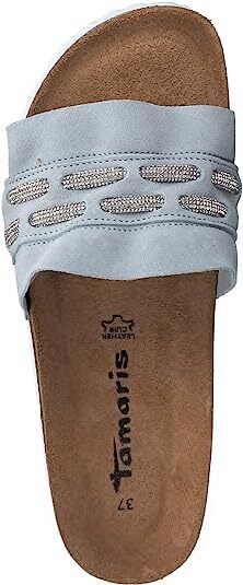 Tamaris 27410 Ladies Light Blue Suede Jewelled Rope Detail Slip On Slider Sandal